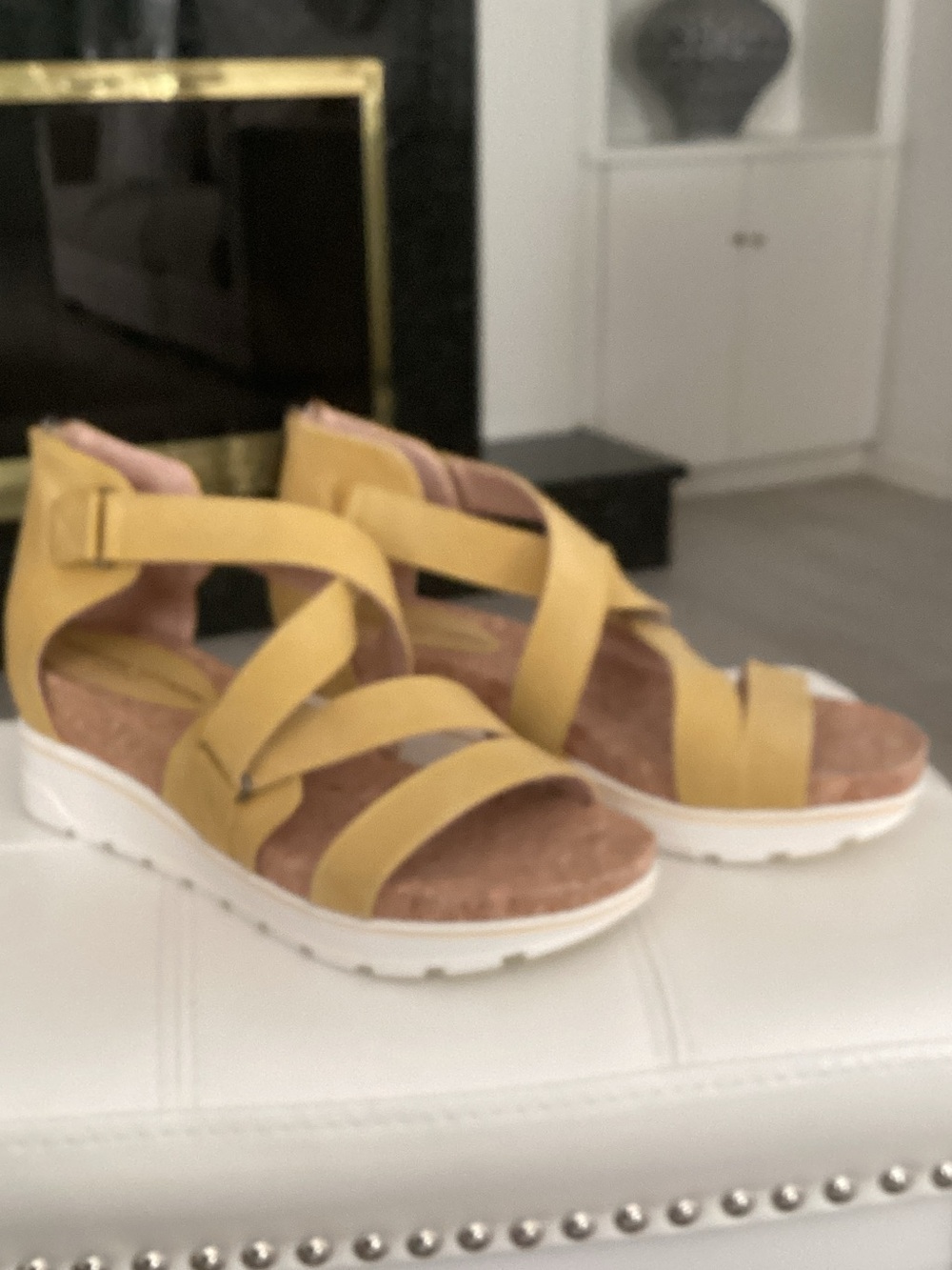 Adrienne Vittadini Mustard Yellow Strappy Wedge Sandals